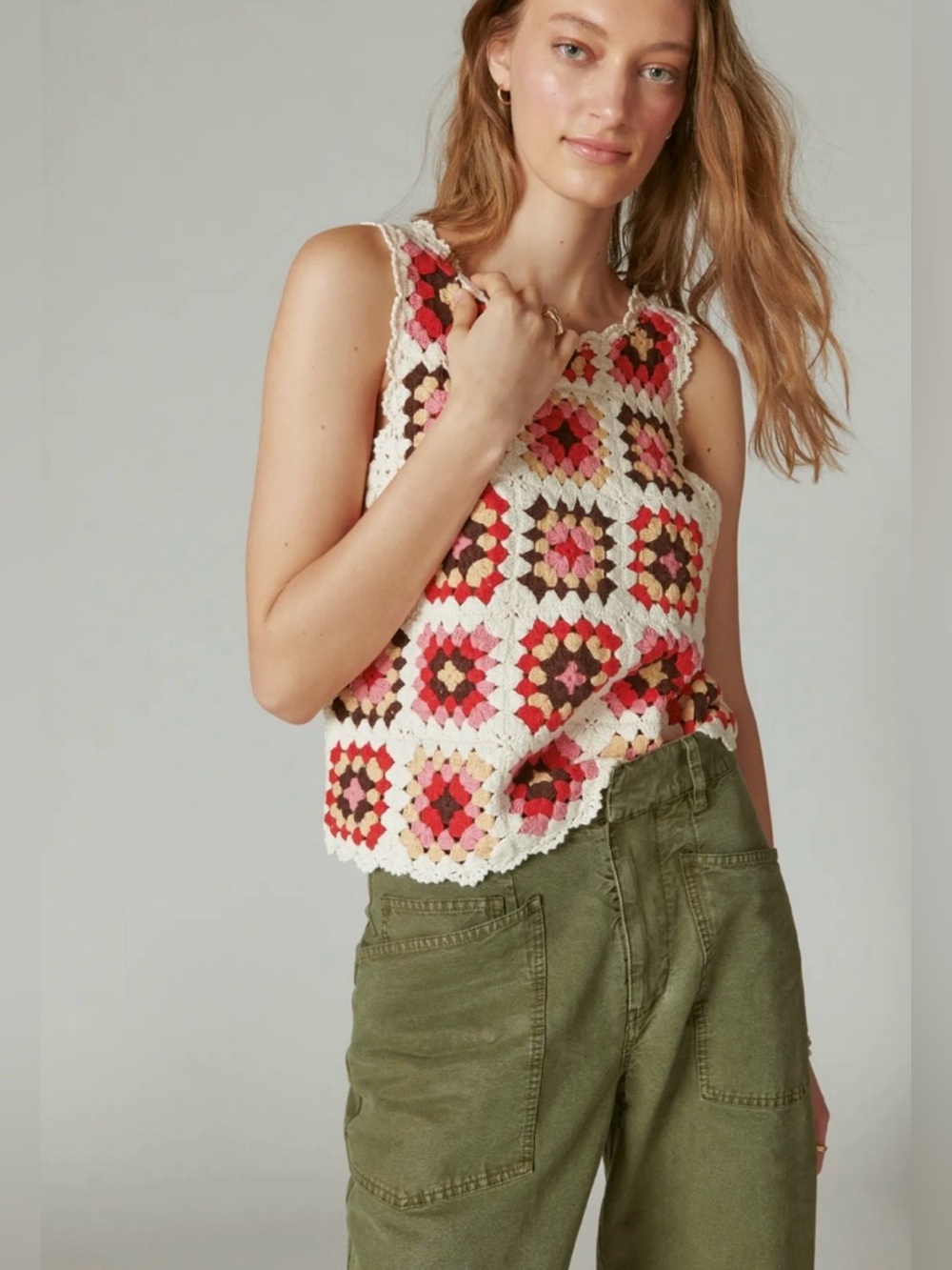 Lucky Brand Crochet Square-Panel Boho Hippy Tank Vest in Cream Pink Size Small
